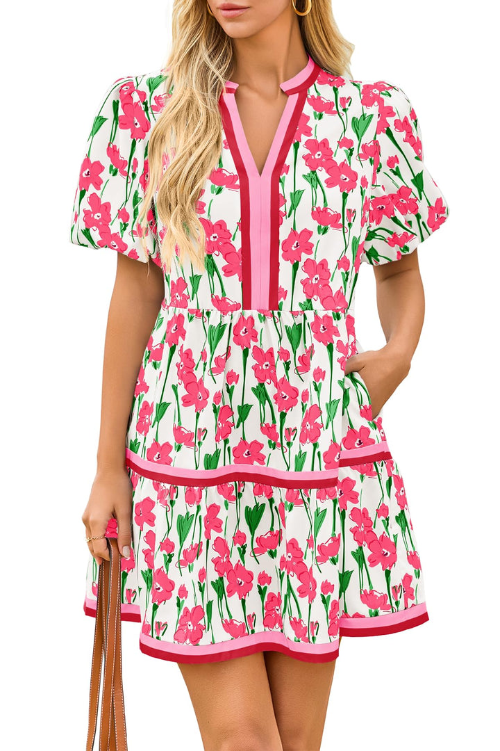 Women's floral mini dress with puff sleeves & V-neck. Boho chic summer casual style, comfortable & trendy.