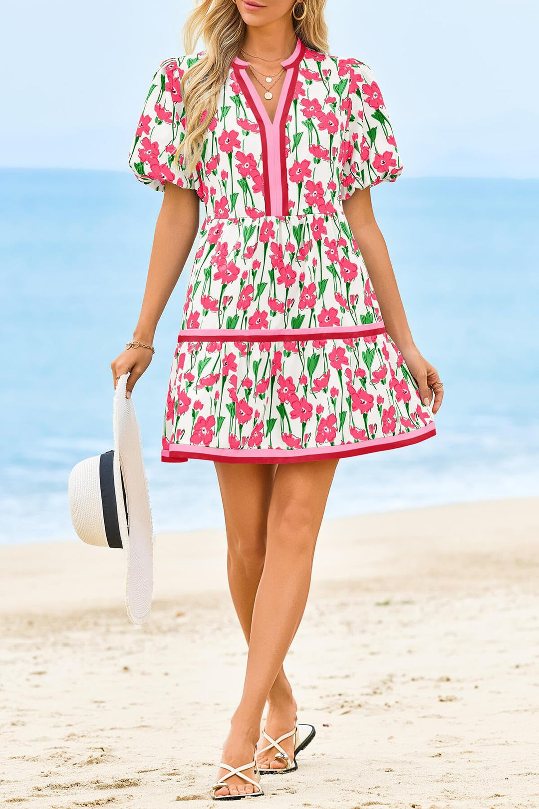 Versatile floral mini dress with puff sleeves & V-neck, suitable for women's summer casual or stylish outings.