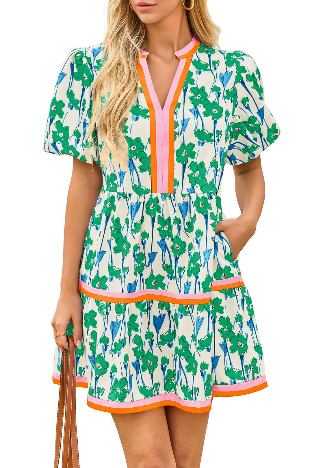 Trendy boho chic floral mini dress for women, with elegant puff sleeves & a comfortable V-neck fit.