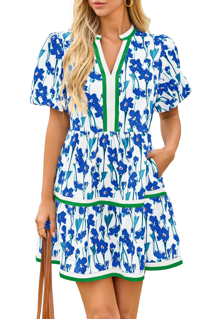 Comfortable & stylish floral mini dress for women, featuring puff sleeves & a V-neck, ideal for summer.