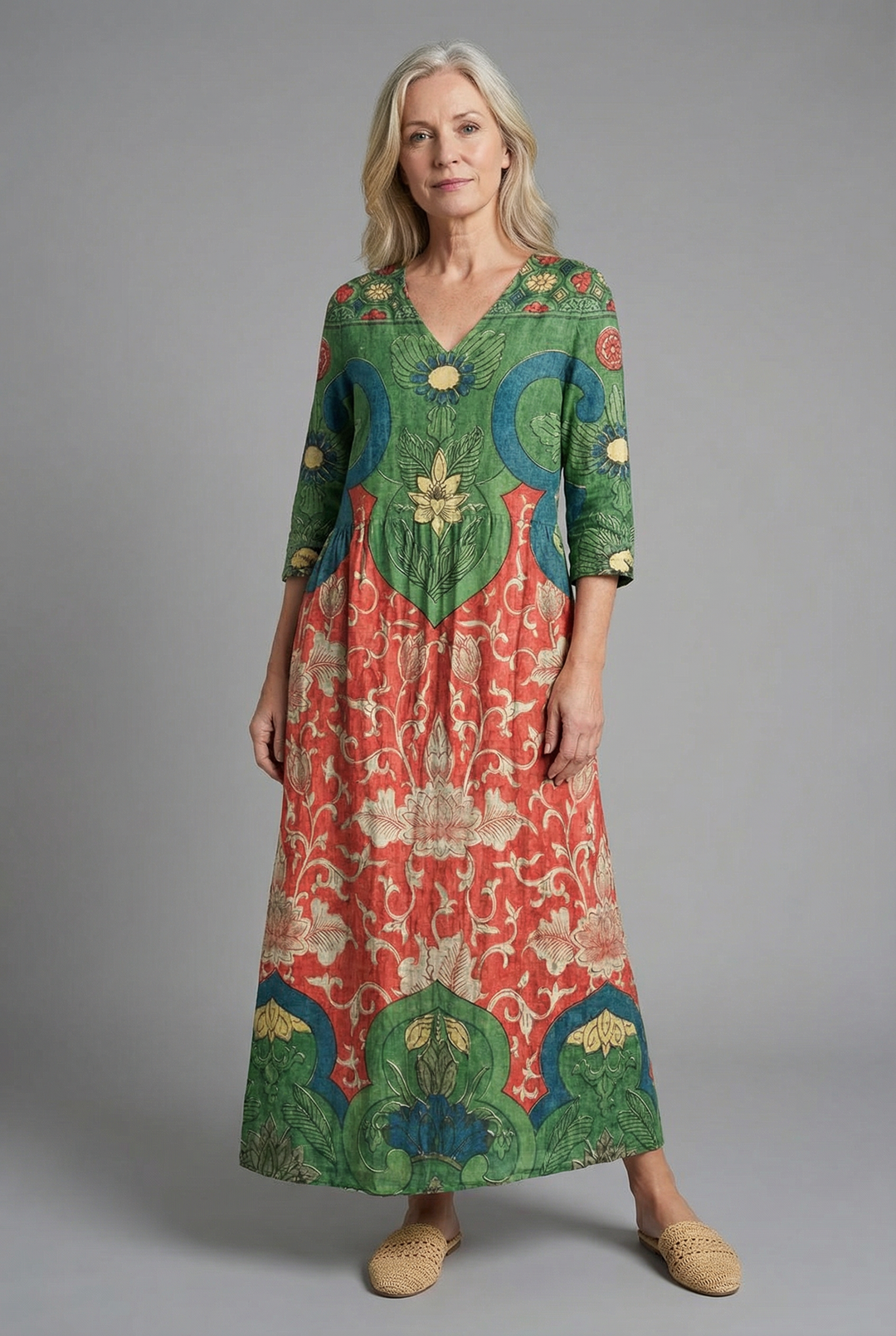 Women's floral print A-line boho maxi dress with V-neck, perfect for summer casual wear.