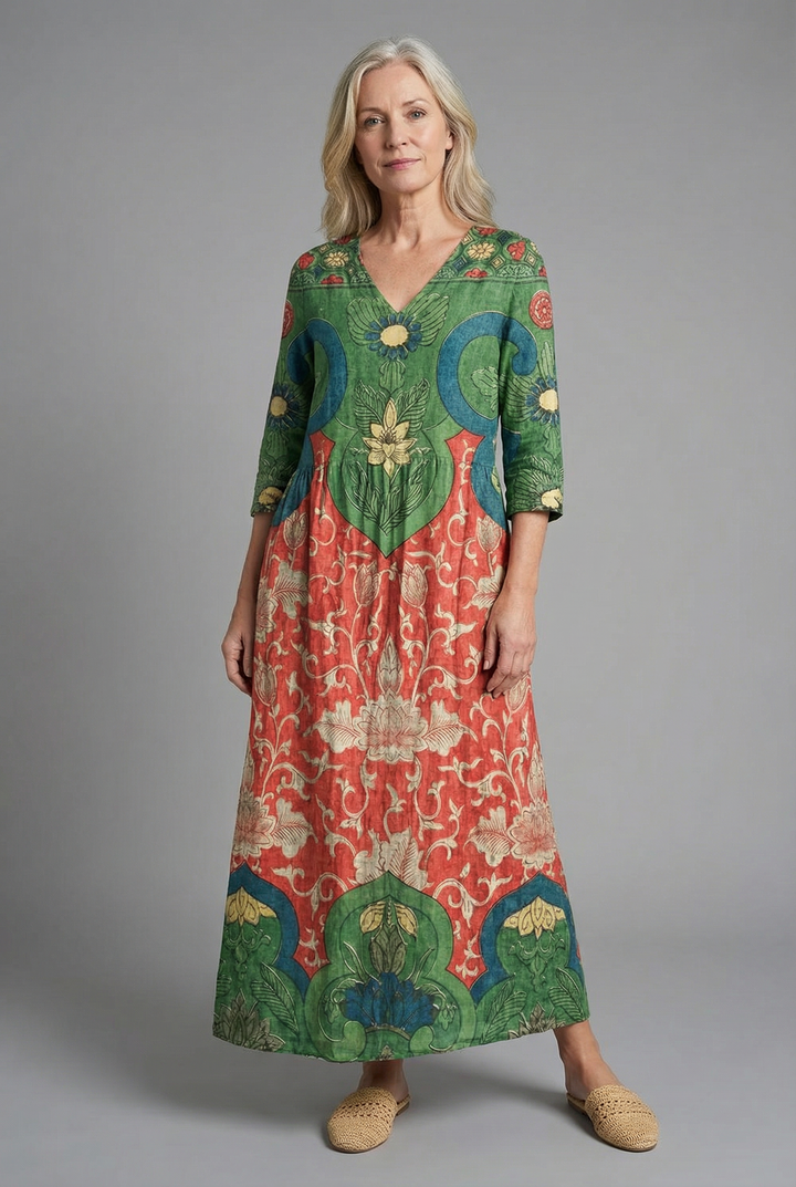 Women's floral print A-line boho maxi dress with V-neck, perfect for summer casual wear.
