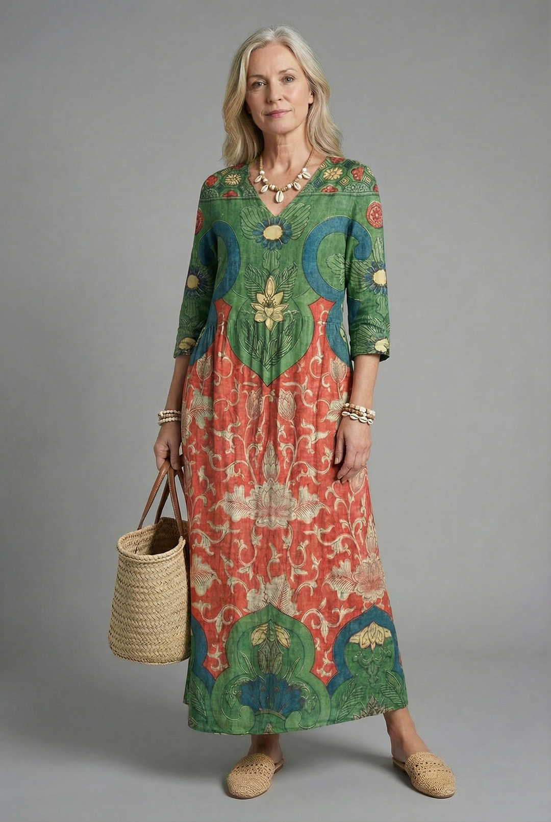 Stylish women's summer maxi dress in boho floral print, designed with an elegant A-line cut.