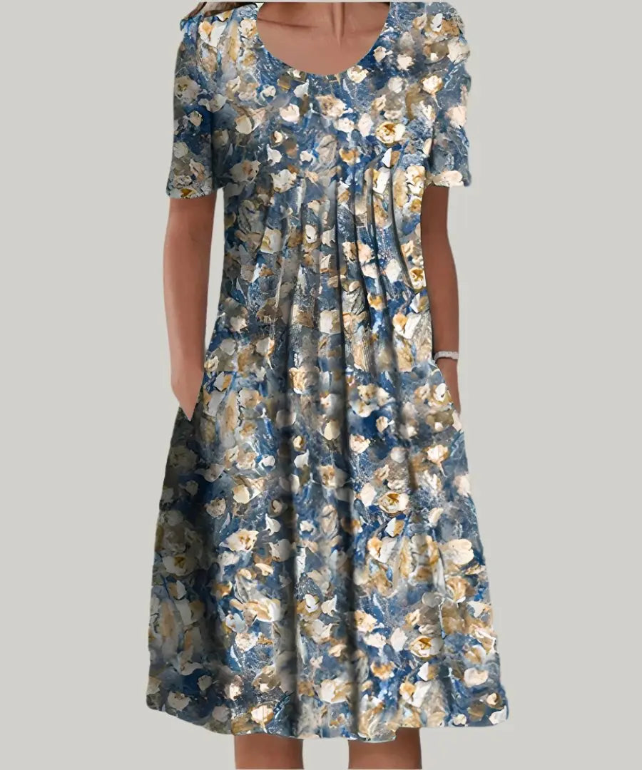 Comfy ladies floral print A-line midi dress. Unique pattern, short sleeves for spring & summer fashion.