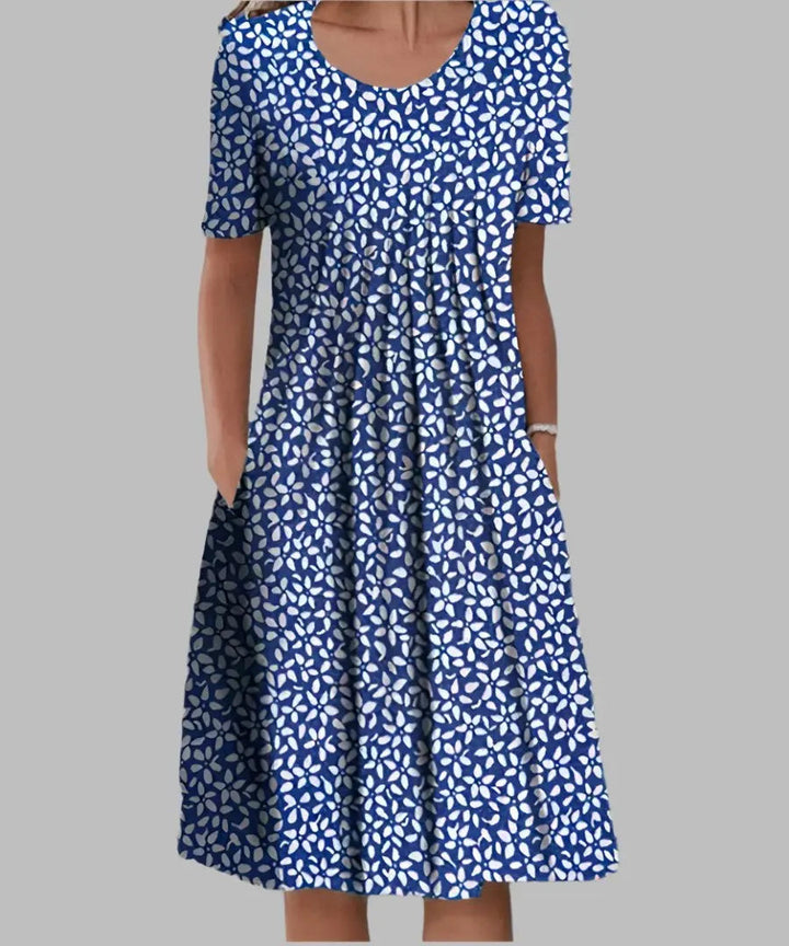 Stylish ladies floral print short sleeve A-line midi dress, a chic and comfy choice for summer fashion.