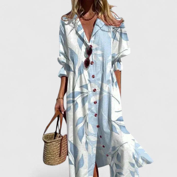 Women's floral print button-down maxi dress with V-neck & long sleeves, perfect for bohemian summer style.