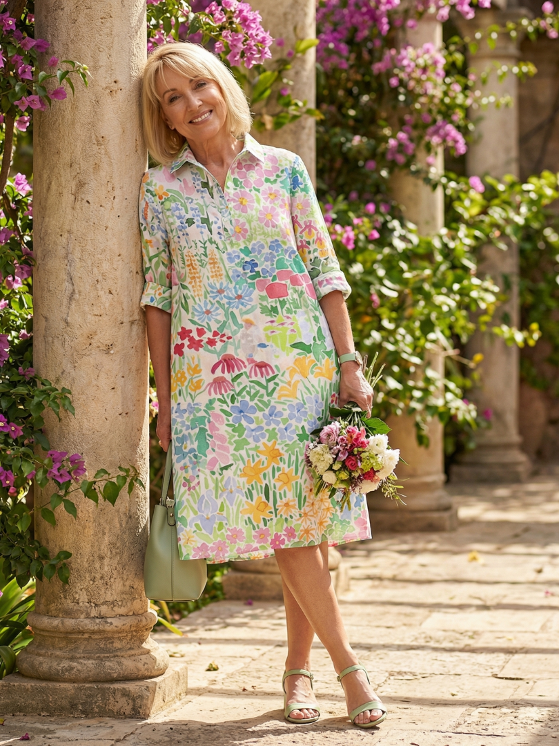 Women's floral print day dress, relaxed fit, knee-length with three-quarter sleeves and button front. Summer style.