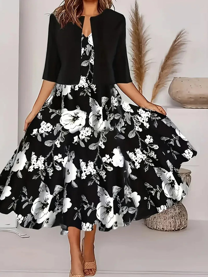 Women's fashion set: floral long dress with sheer chiffon jacket