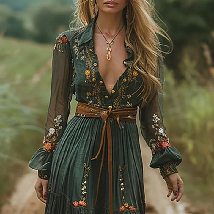 Stylish women's long sleeve maxi dress featuring a vibrant floral print, perfect for casual spring fashion.
