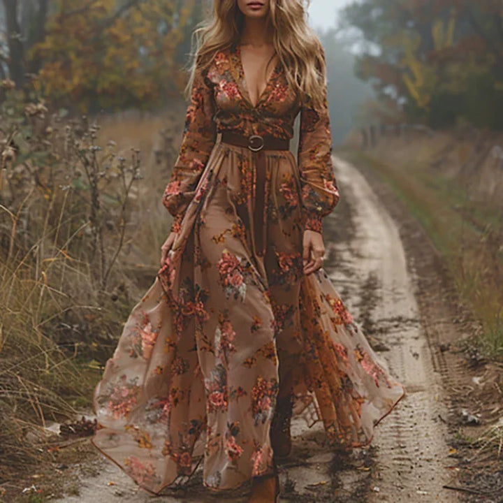 Comfortable women's floral long sleeve maxi dress, a versatile button-front style for spring and autumn.
