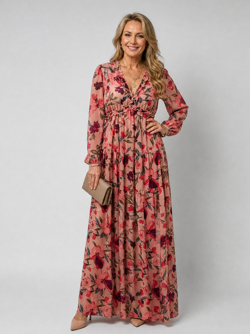 Women's floral print long sleeve tiered maxi dress. Perfect for spring & summer fashion.
