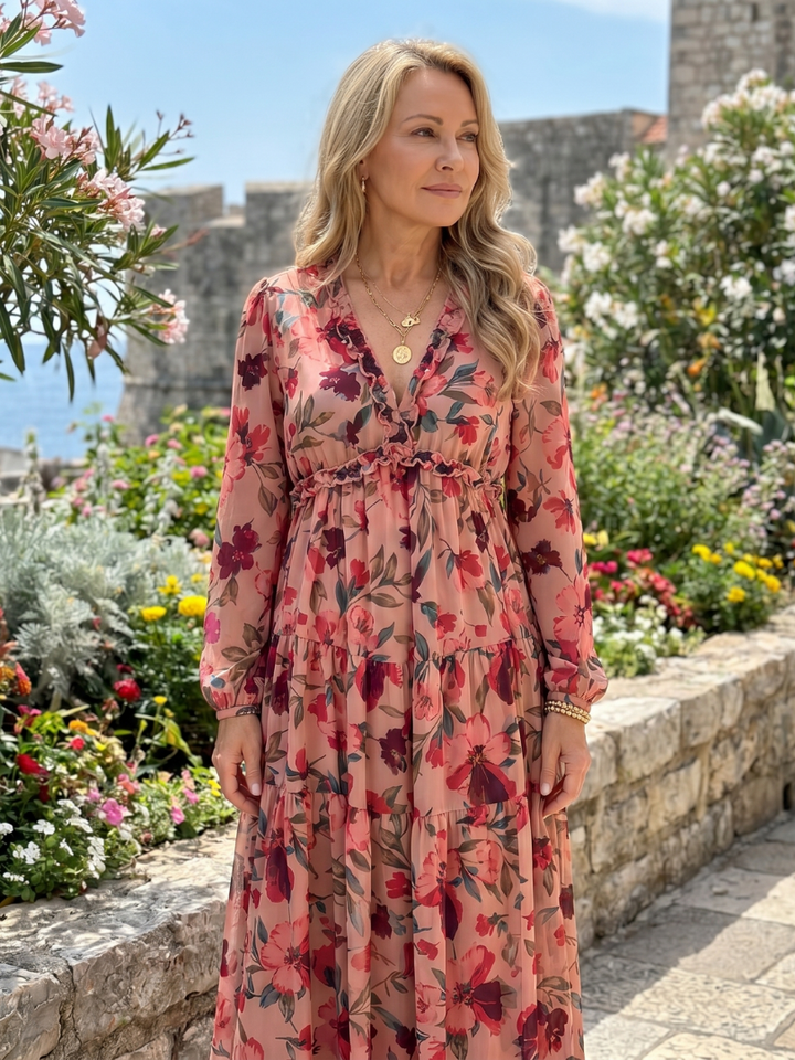 Comfortable relaxed fit women's floral long sleeve tiered maxi dress for everyday wear.