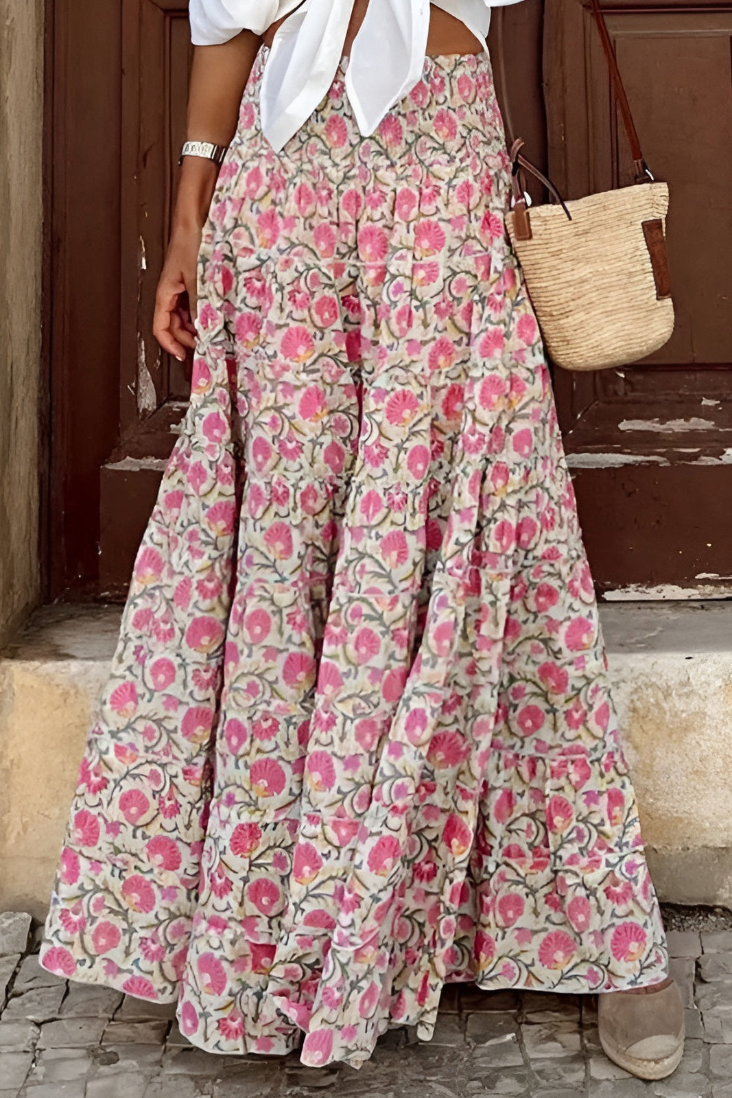 Stylish women's floral print long skirt with comfortable smocked waist and a relaxed, flowy fit.