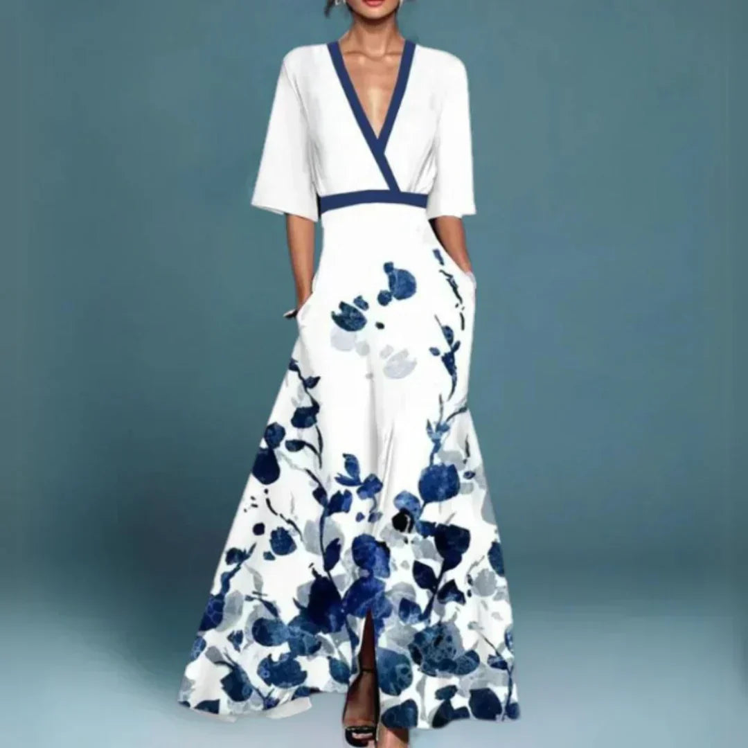 Chic women's floral wrap maxi dress featuring a stylish slit & flattering V-neck, ideal for casual or party wear.
