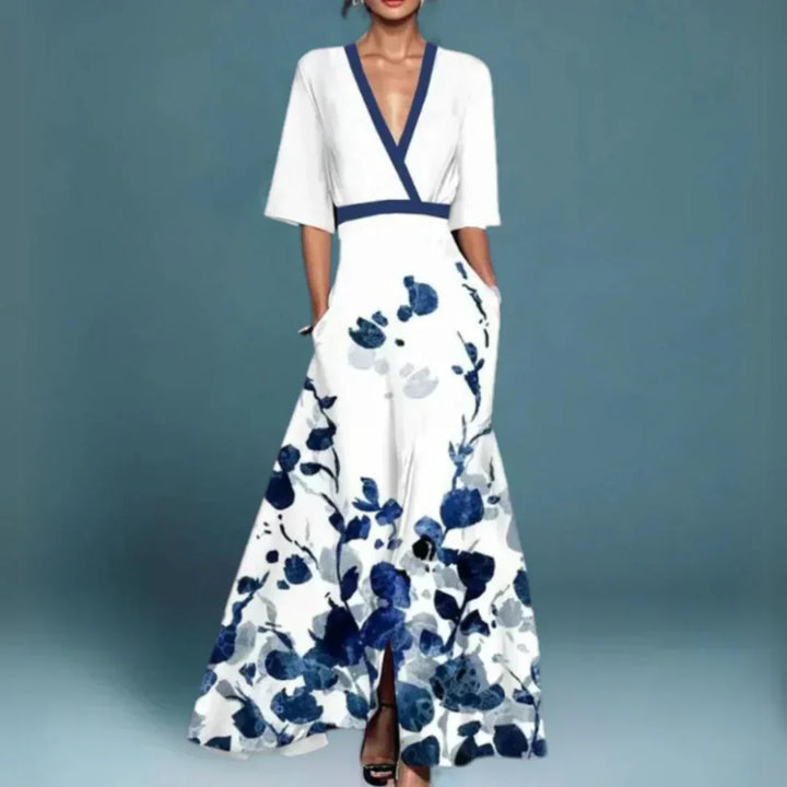 Chic women's floral wrap maxi dress featuring a stylish slit & flattering V-neck, ideal for casual or party wear.