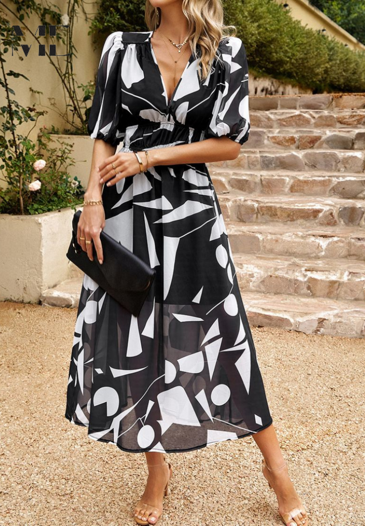Elegant women's short sleeve floral midi dress, showcasing its versatile style for any event.