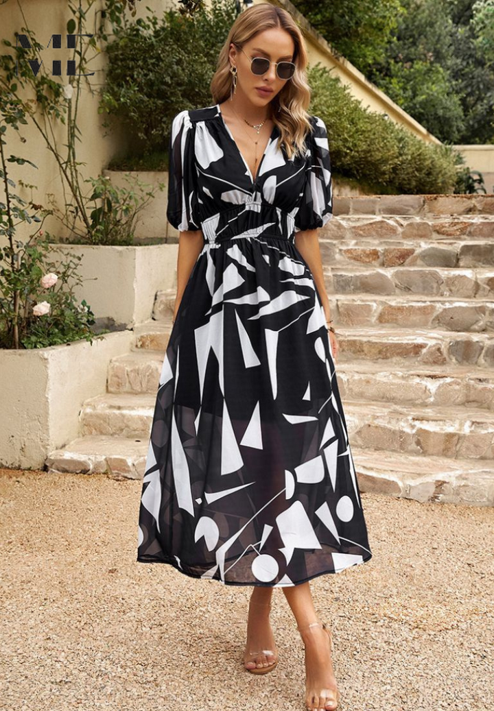 Beautiful women's floral print midi dress, V-neck, short sleeve, ready for your next event.