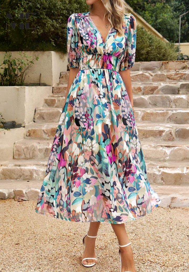 Full length back view of women's floral print midi dress, graceful and flowing fabric.