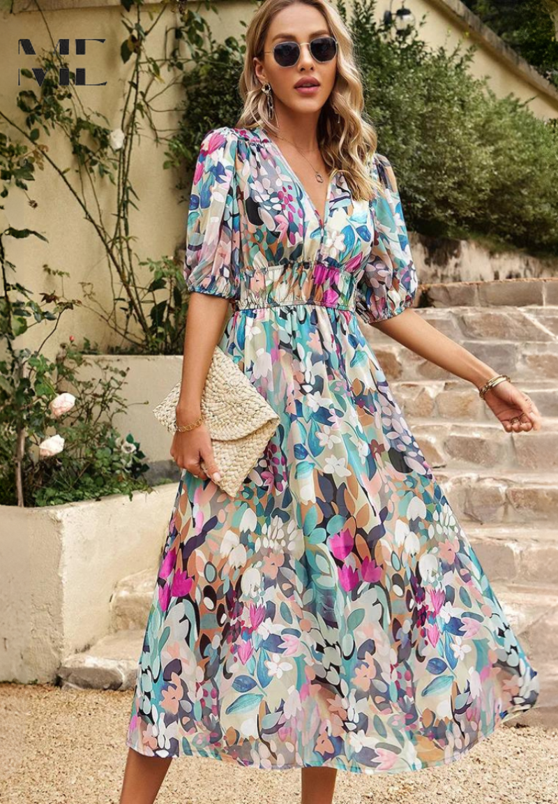 Stylish women's floral midi dress, V-neck, short sleeve, with a flattering tie waist detail.