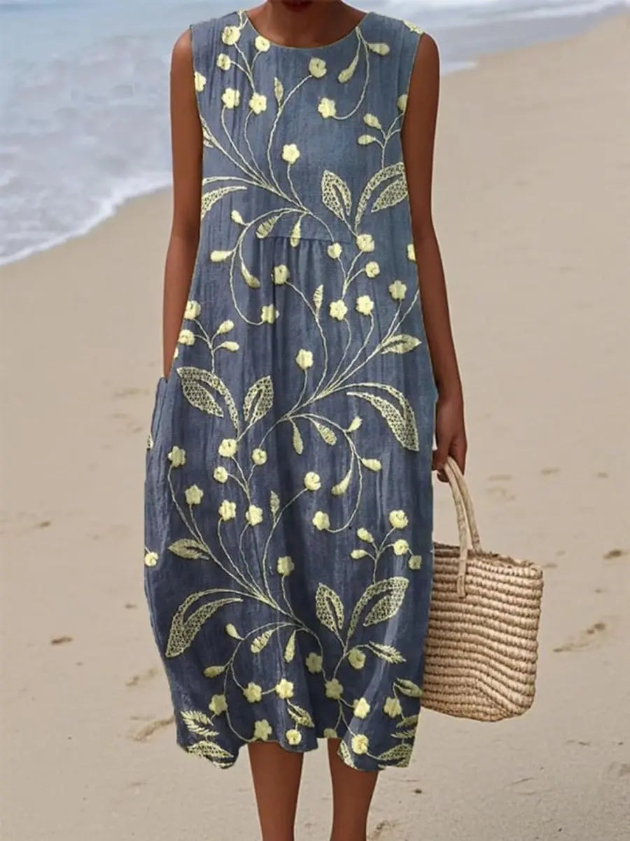 Women's floral print midi dress with a relaxed fit, sleeveless style, ideal for summer casual wear or vacations.