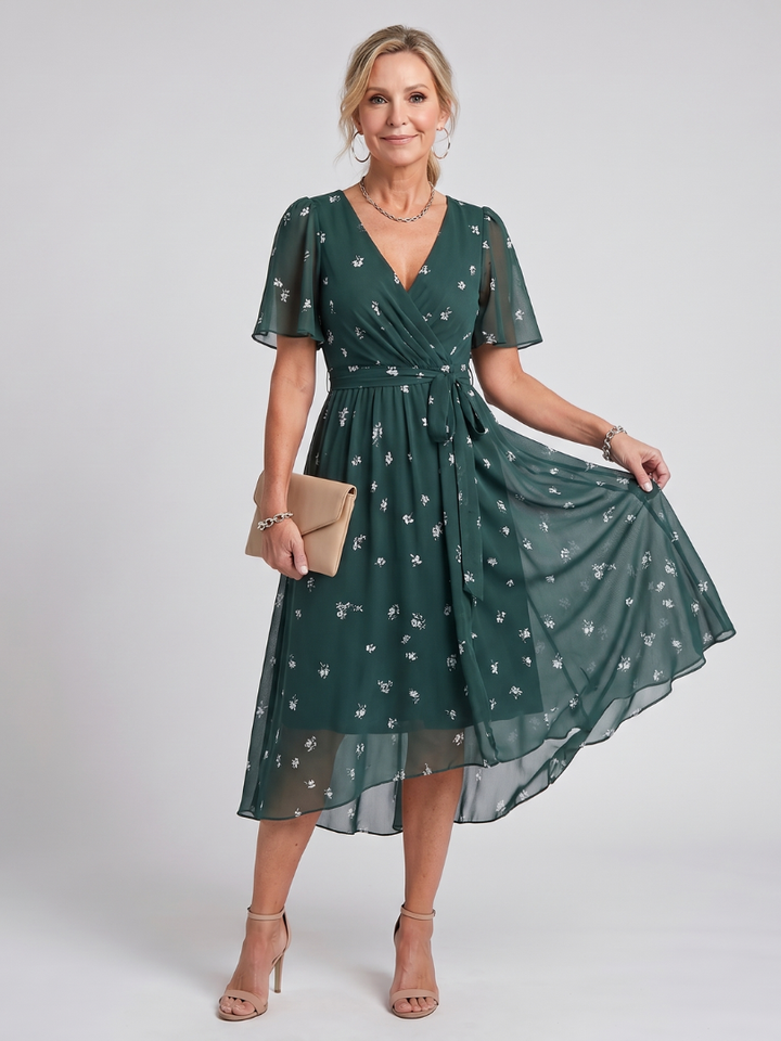Women's floral print midi dress with elegant flutter sleeves & flattering gathered waist.