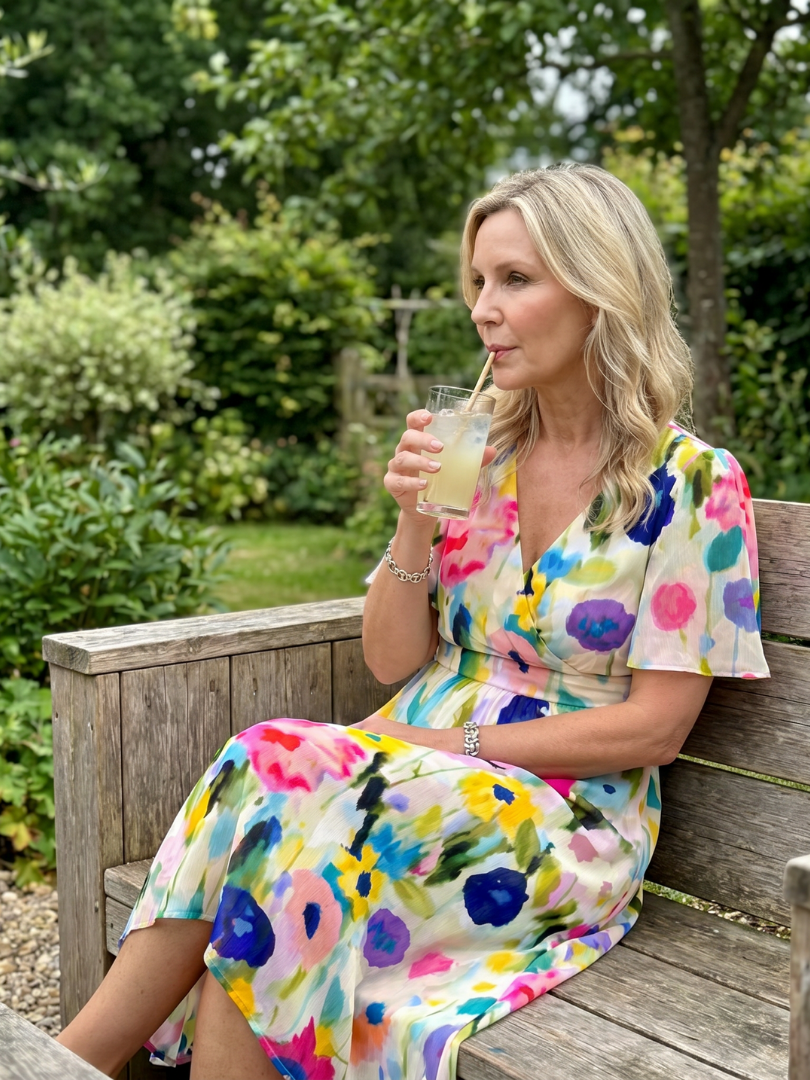 Women's v-neck floral midi dress, gathered waist, and stylish flutter sleeves for a chic look.