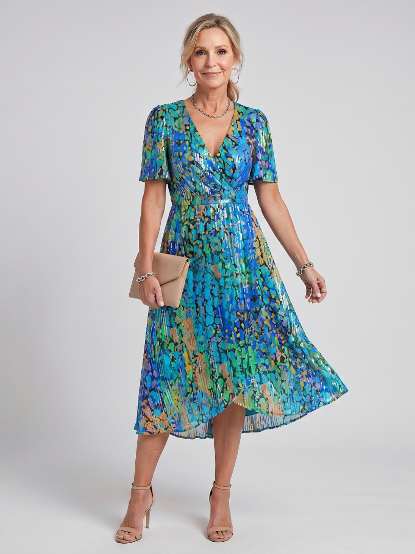 Outdoor-ready floral midi dress with flutter sleeves, great for garden parties or warm weather strolls.