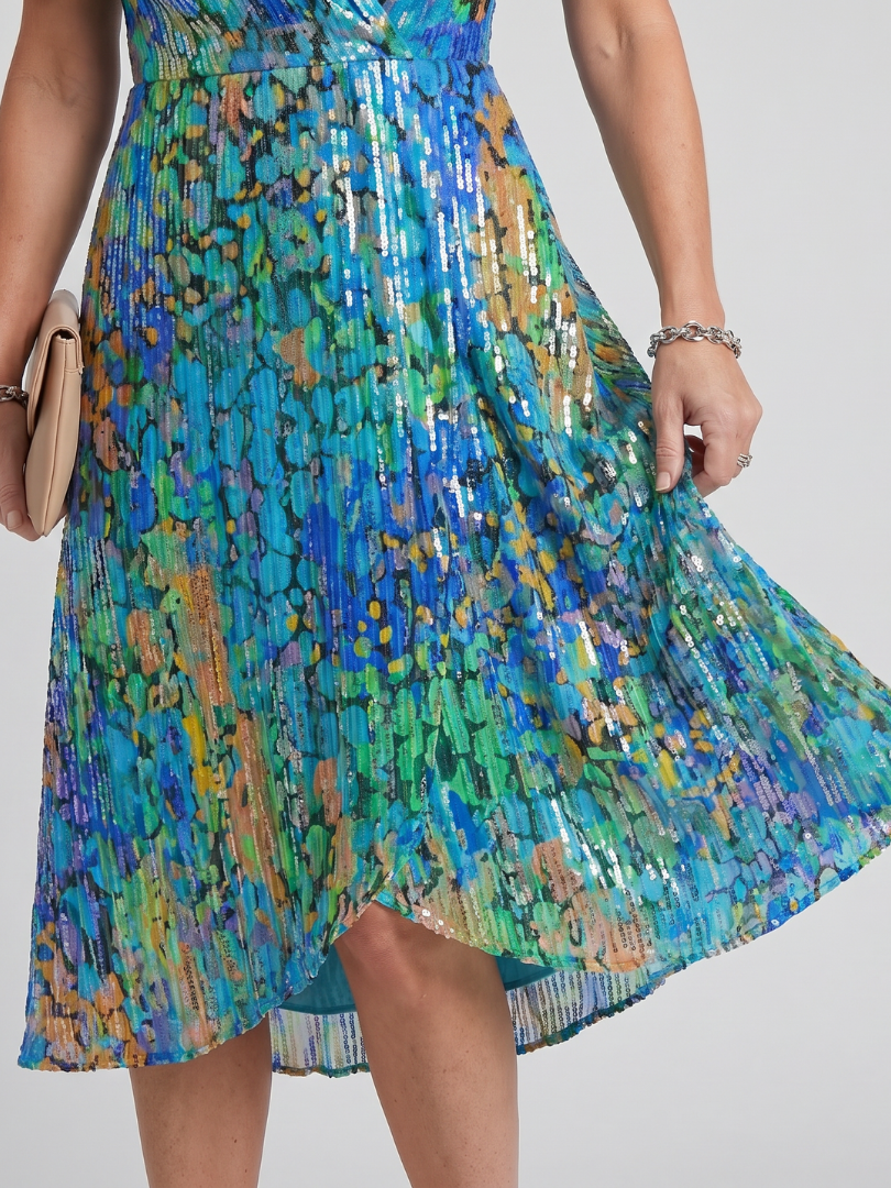 Elegant floral print midi dress, women's design with delicate flutter sleeves and a flattering fit.
