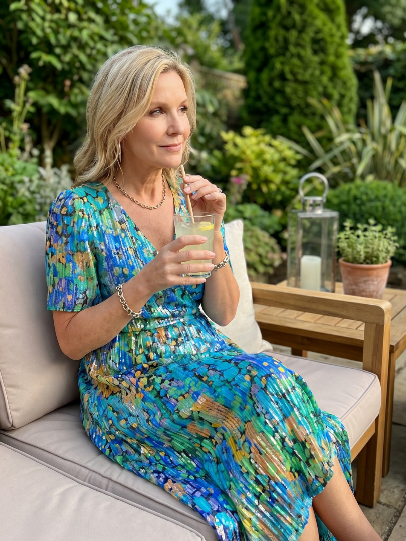 Flattering v-neck floral midi dress for women, featuring charming flutter sleeves and a relaxed fit.
