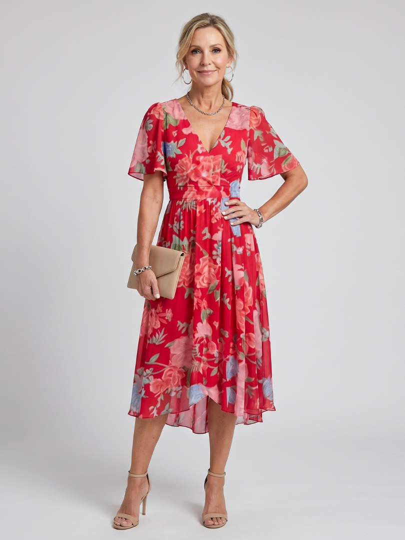 Flowy floral midi dress, women's style with movement-friendly flutter sleeves for graceful appeal.
