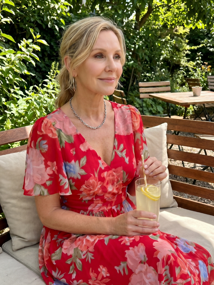 Warm weather floral midi dress for women, with breezy flutter sleeves and a comfortable silhouette.