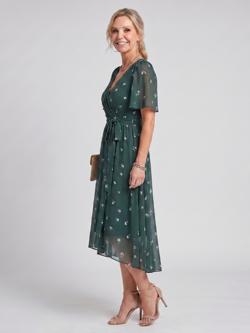 V-neck floral midi dress for women, featuring chic flutter sleeves and a comfortable, flowy design.