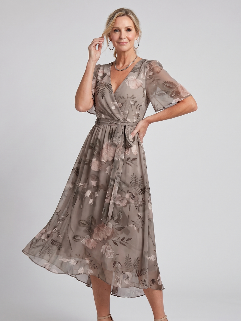 Elegant floral print midi dress, a stunning vacation outfit with graceful flutter sleeves.