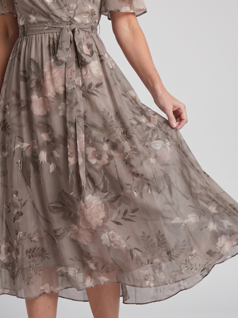Comfortable floral midi dress for women, soft fabric, flutter sleeves, and a flattering gathered waist.