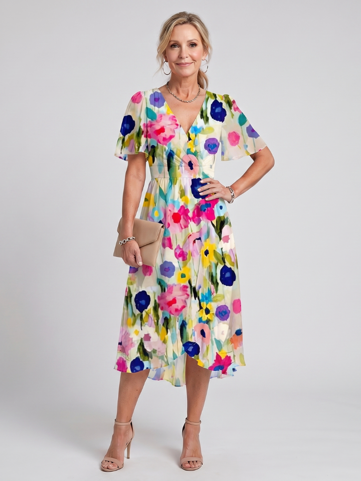 Vibrant floral print midi dress with flutter sleeves, a beautiful and breezy option for women.