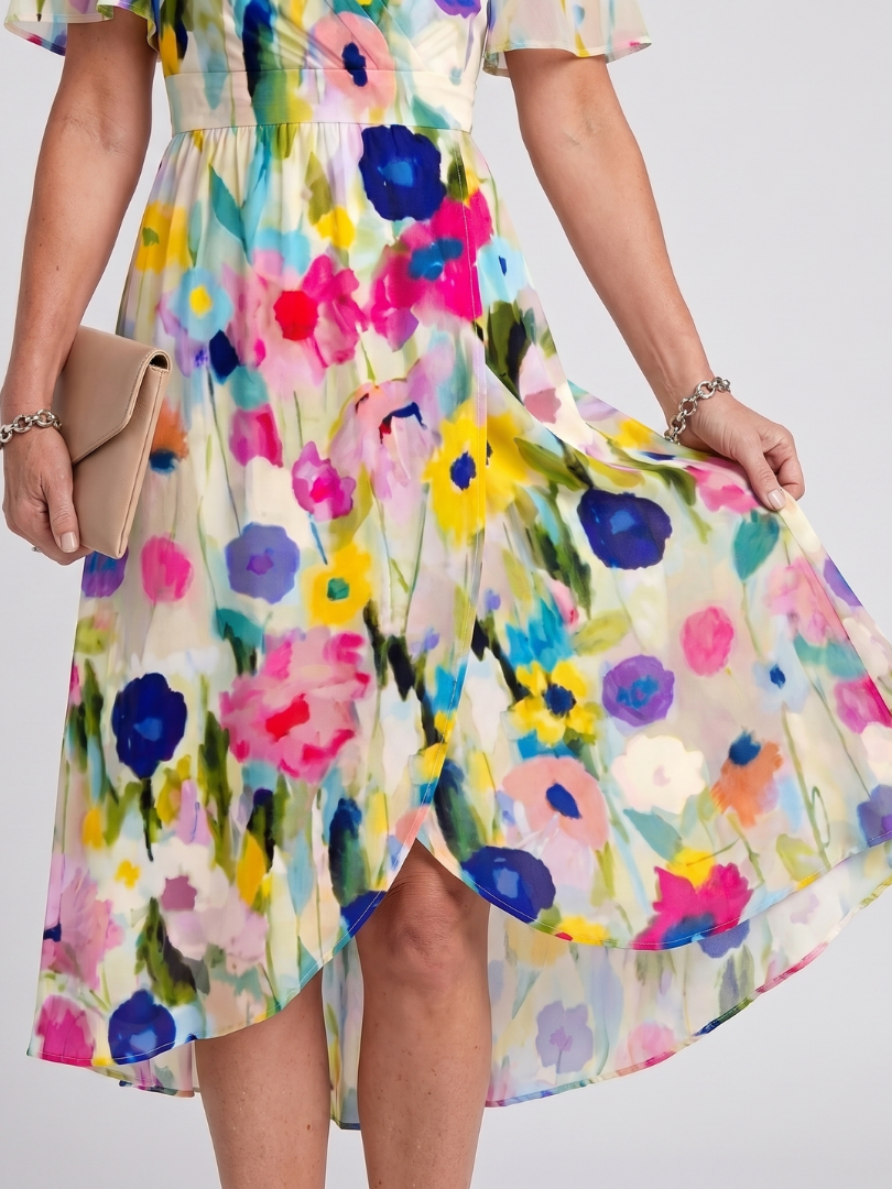 Lightweight, flowy floral midi dress with comfortable flutter sleeves, perfect for summer elegance.