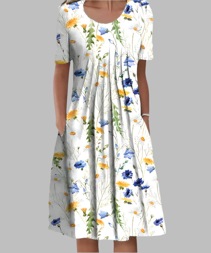 Flowy women's floral print midi dress, short sleeves, comfortable for summer, casual & everyday style.