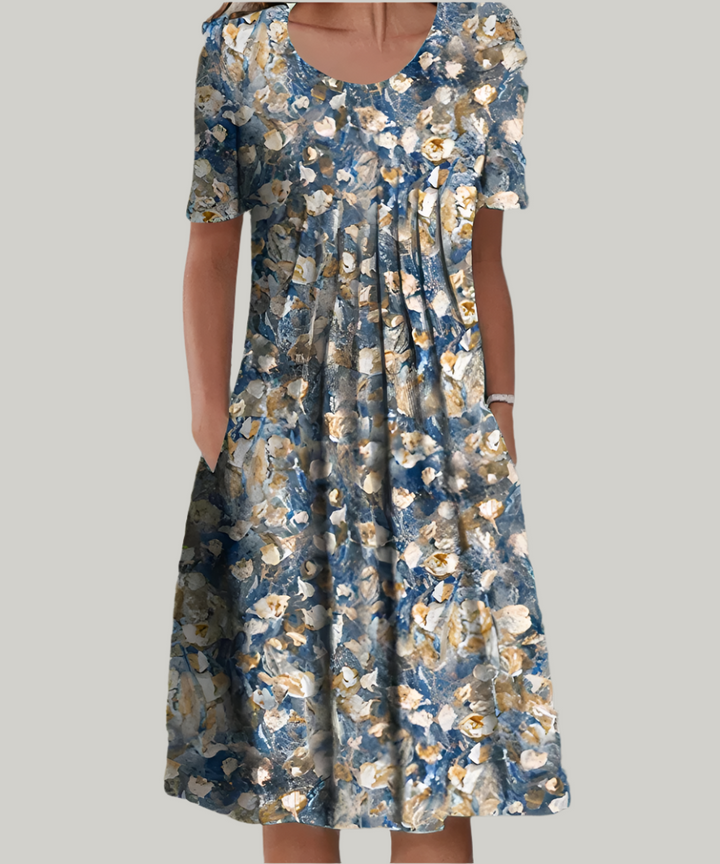 Women's floral print midi dress with short sleeves and pockets, perfect casual summer and everyday comfort.