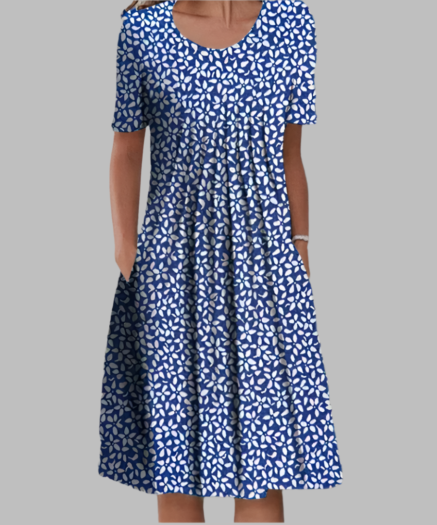 Chic women's floral print midi dress, short sleeves, flowy design for comfortable summer & casual everyday wear.
