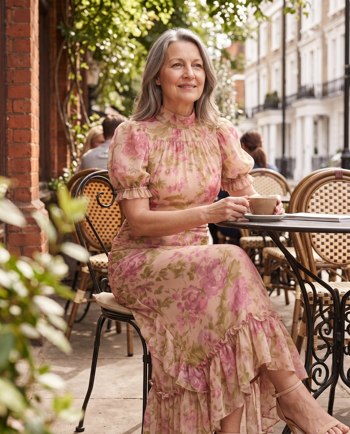 Elegant pink/lilac floral maxi dress, puff sleeves & high neck. Perfect for women's summer occasions & parties.