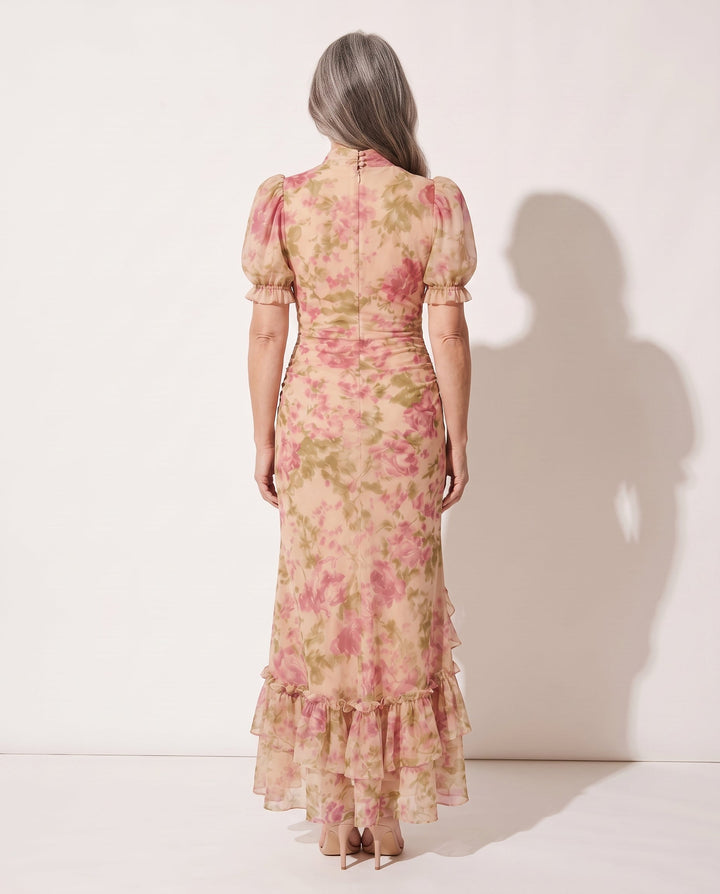 Women's beautiful floral print maxi dress, puff sleeves, ruffles. Perfect elegant summer wedding guest or party wear.