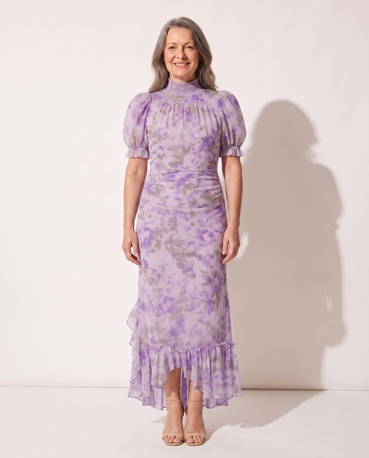 Chic women's floral puff sleeve ruffle maxi dress in pink/lilac. High neck design, great for elegant events.