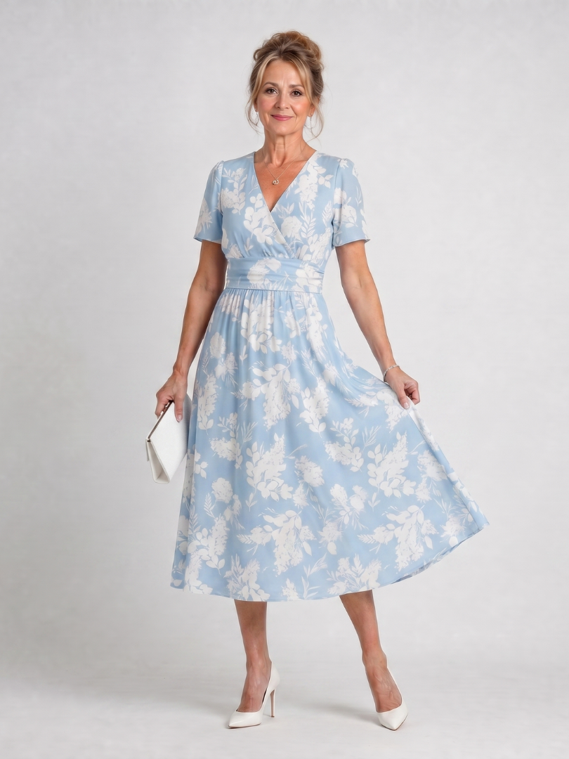 Women's floral print short sleeve V-neck midi dress, perfect for summer casual wear.