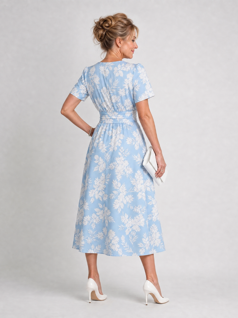 Vibrant floral print V-neck short sleeve midi dress, a chic choice for spring and summer style.