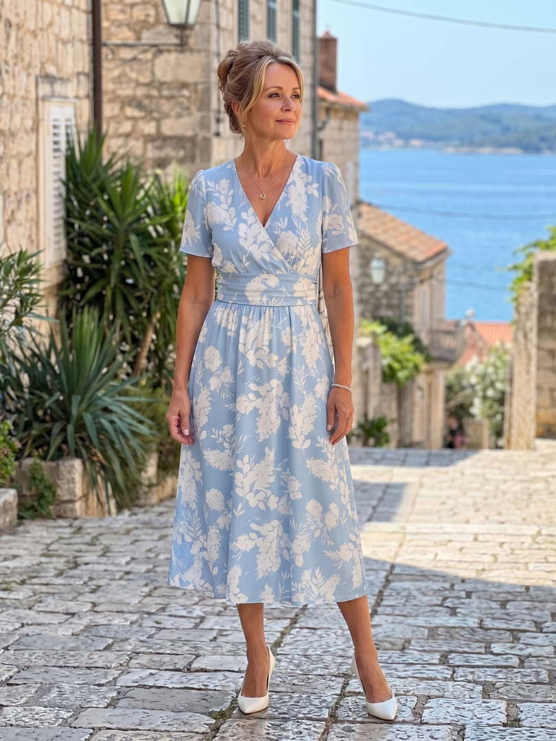 Elegant women's V-neck short sleeve midi dress featuring a beautiful all-over floral print.
