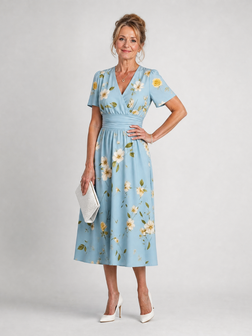 Casual women's floral print midi dress with short sleeves & V-neck, great for everyday comfort.