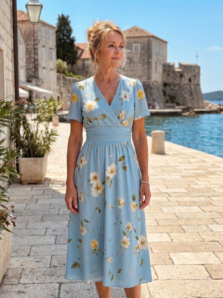 Chic spring/summer floral midi dress for women, with a flattering V-neck & comfortable short sleeves.