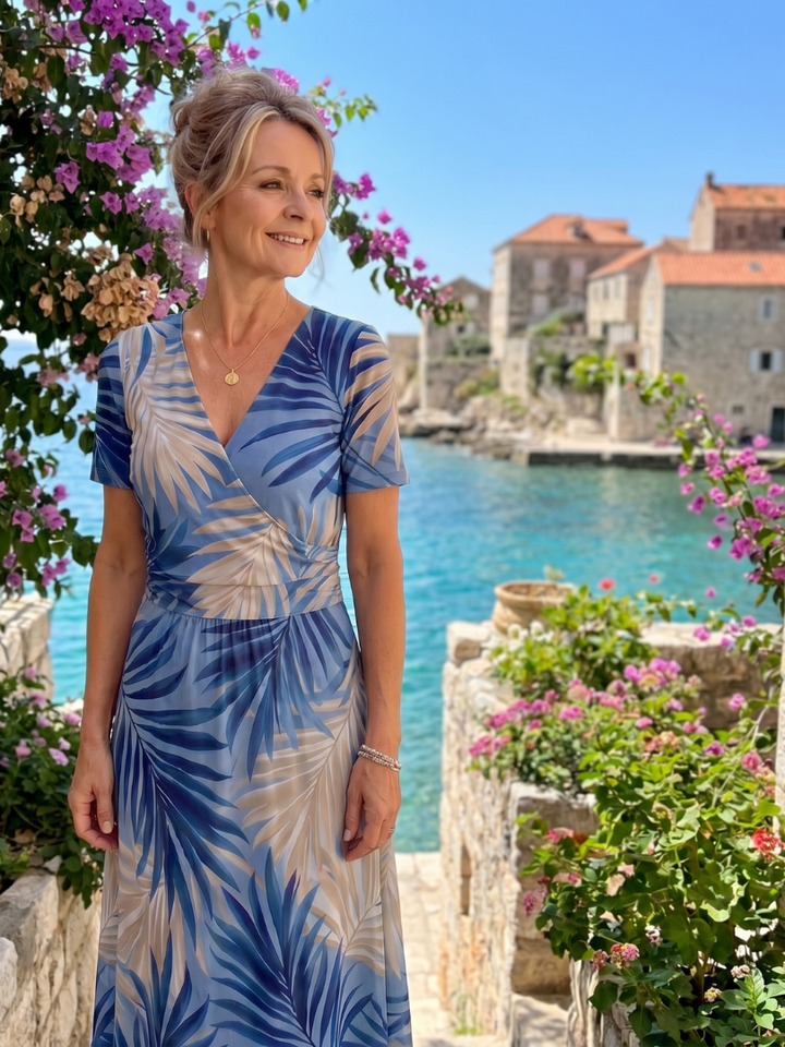 Printed women's midi dress with a V-neck, short sleeves, and a graceful, colorful floral pattern.