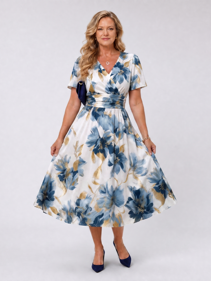 Women's floral print short sleeve wrap midi dress with V-neck, perfect for summer casual outings or spring fashion.