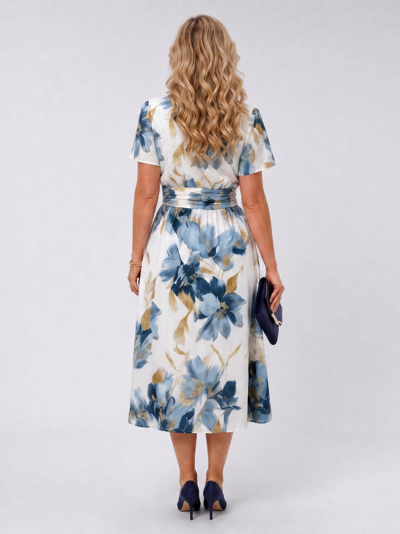 Women's V-neck floral wrap midi dress with short sleeves, a versatile and feminine piece for spring and summer fashion.